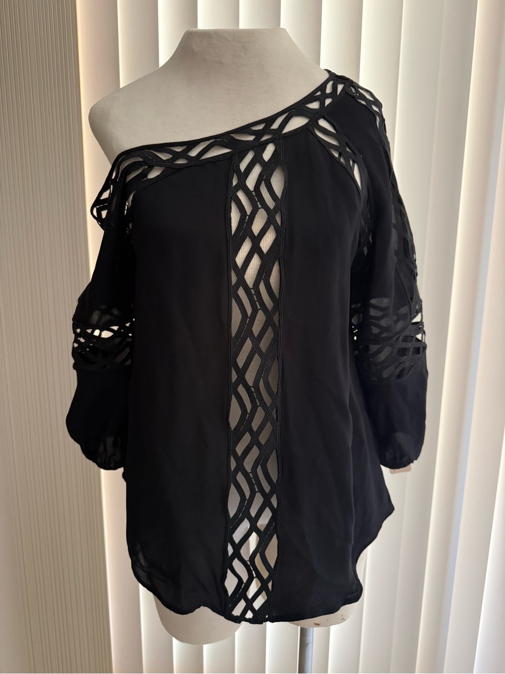 Reiss Black Asymmetric Off Shoulder Blouse Size 2 Sheer Cutout Top
